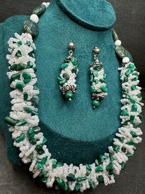 Malachite Moss Agate Sterling Silver Artisan Handmade Necklace & Earrings Set